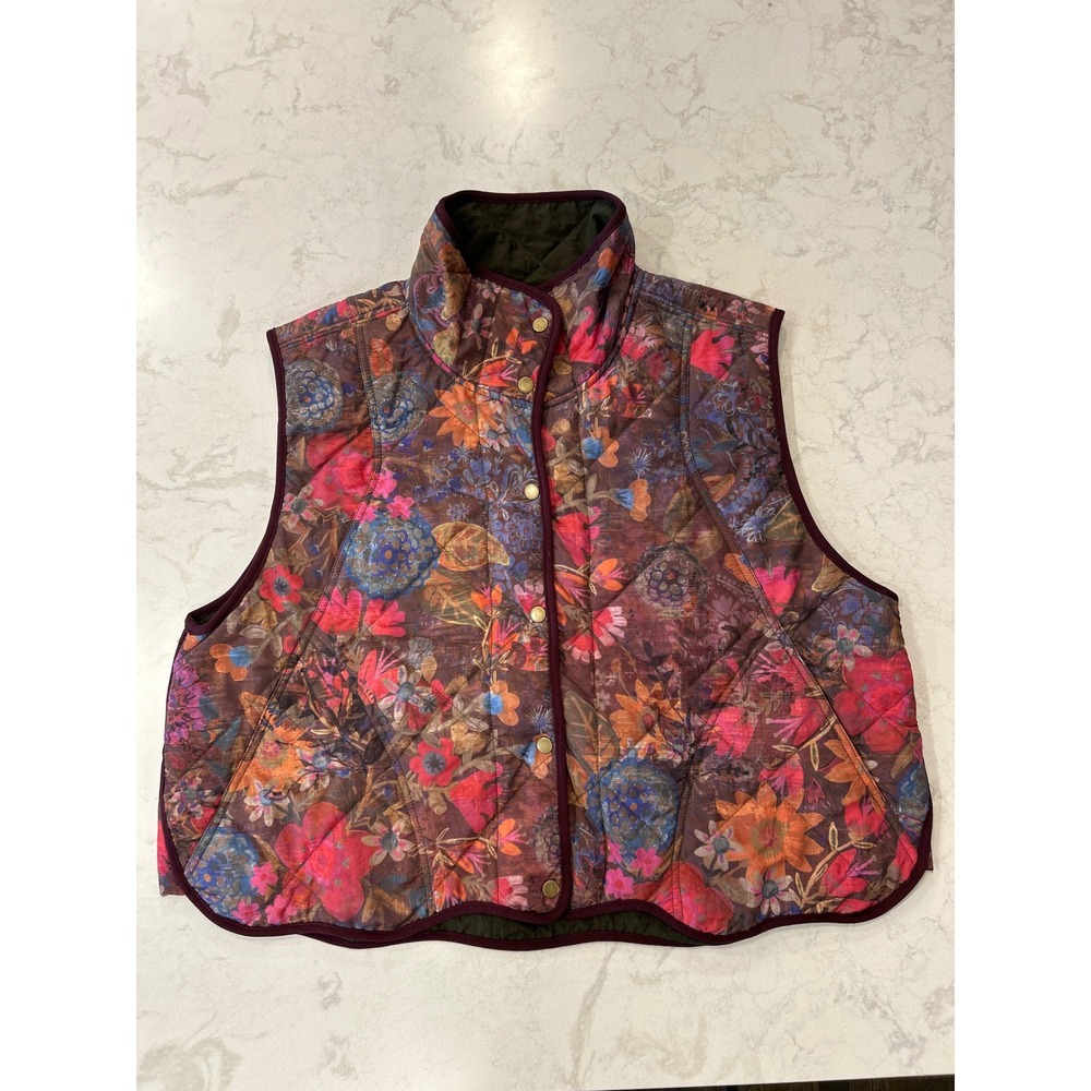 Natural Life Floral Quilted Puffer Vest L/XL Multi Color Snap Front Boho - Picture 7 of 7